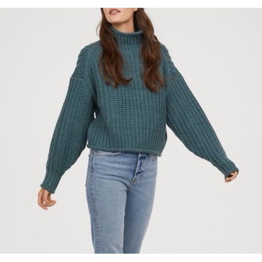 NWT H&M Chunky Knit Mock Neck Sweater Teal Blue Green Women's M Boxy Cropped